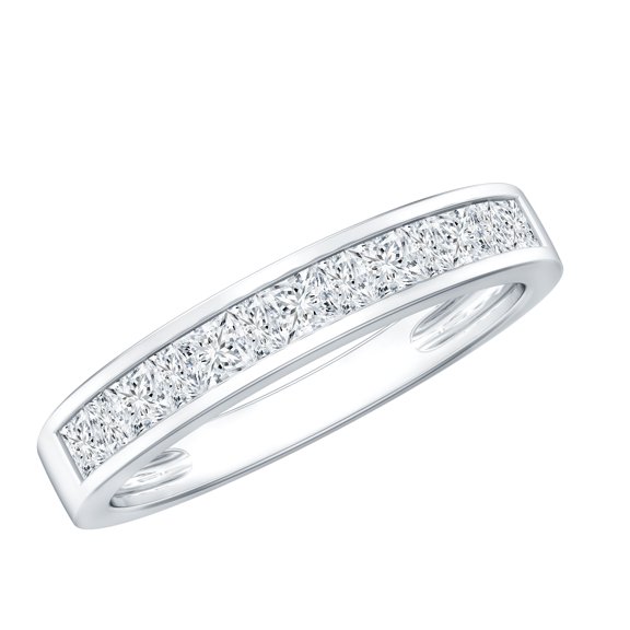 Rosec Jewels Lab Created Diamond 7 Stone Anniversary Ring Unisex - EF-VS Quality Princess Cut Diamond Channel Set Eternity Band, 925 Sterling Silver, US 4.00