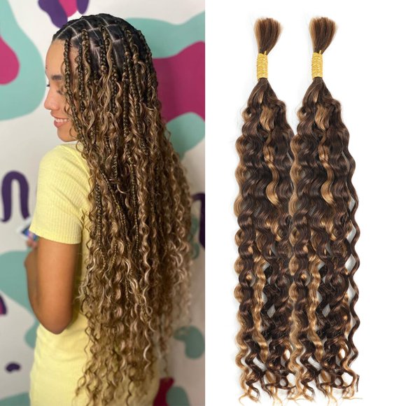 DSEKCAIN Water Wave Boho Braids Human Hair for Braiding Bulk Human Braiding Hair Crochet Micro Knotless Boho Braids Human Hair Braiding Hair Highlight Honey Blonde Color