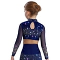 thumbnail image 4 of vastwit Kids Girls Sparkly Rhinestone Sheer Mesh Long Sleeve Shirt Skating Gymnastics Lyrical Dance Crop Top Navy Blue 8, 4 of 7