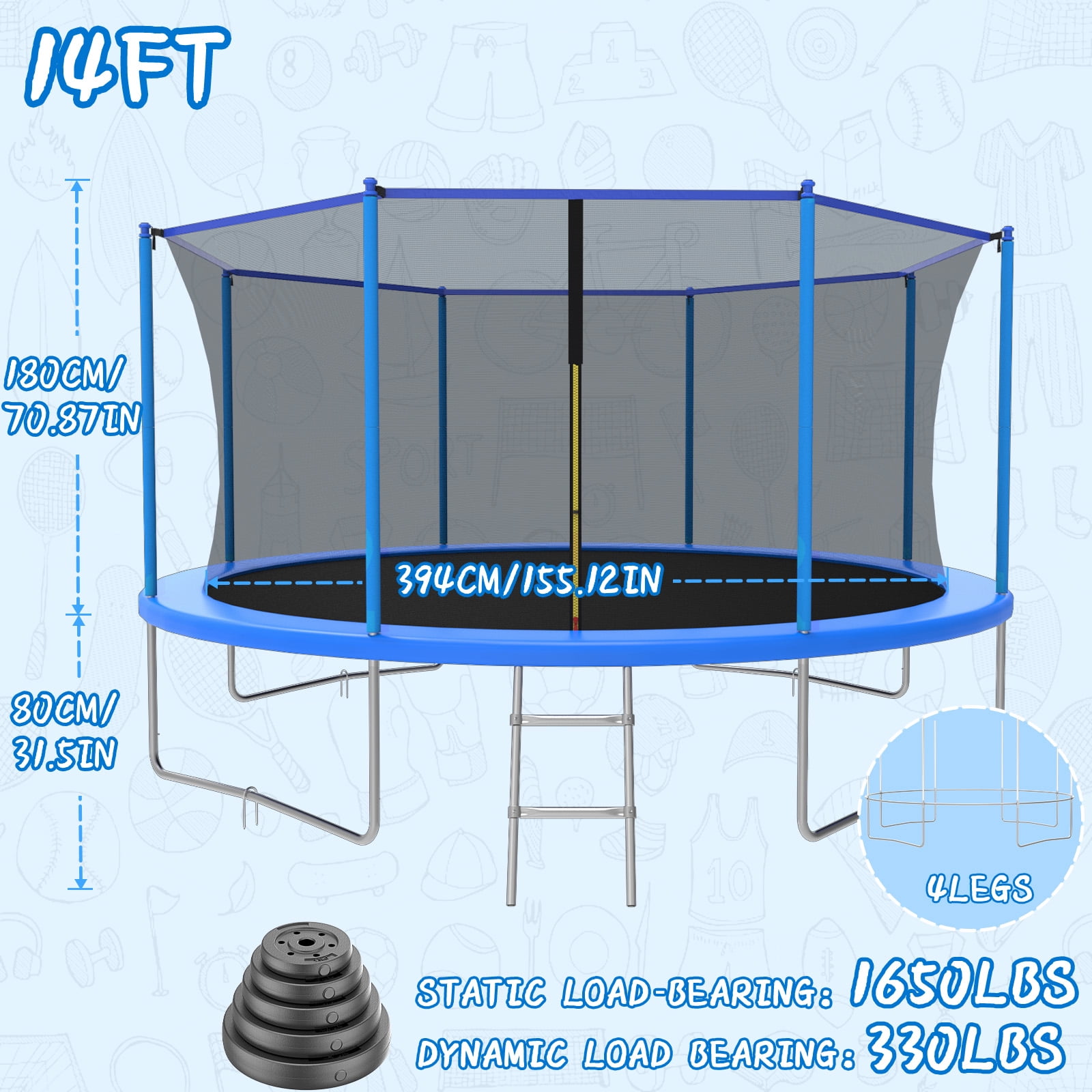 14FT Trampoline for Kids/Adults Outdoor Recreational Trampoline for Backyard