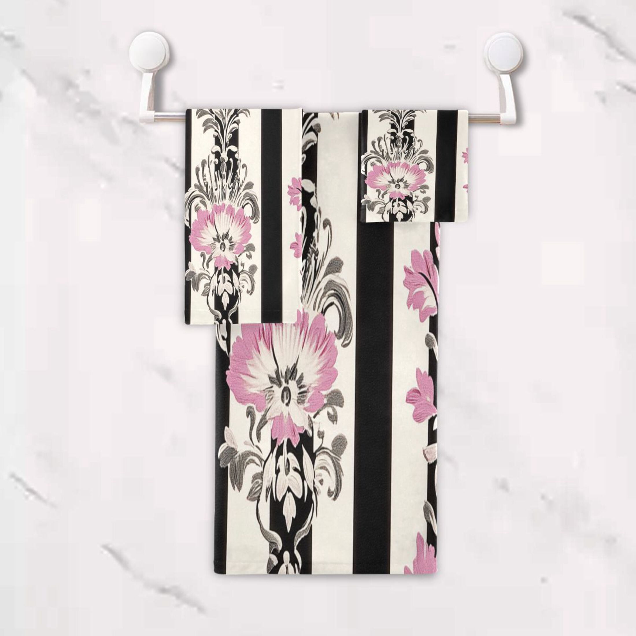 BZSMCE 3piece Bath Towel Sets Hand Bath Towels Fashion Floral Pink Black Damask Printed Towel Sets