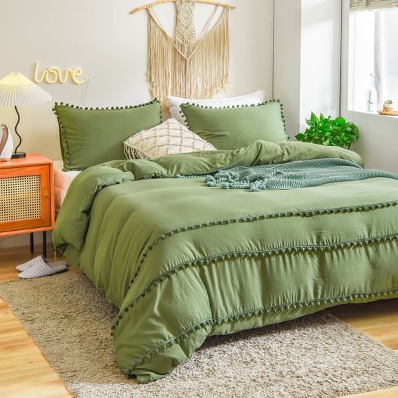 Move Over Olive Green Bedding Sets Queen Three Layer Pom Poms Pattern 100% Washed Microfiber Duvet Cover Set No Filling