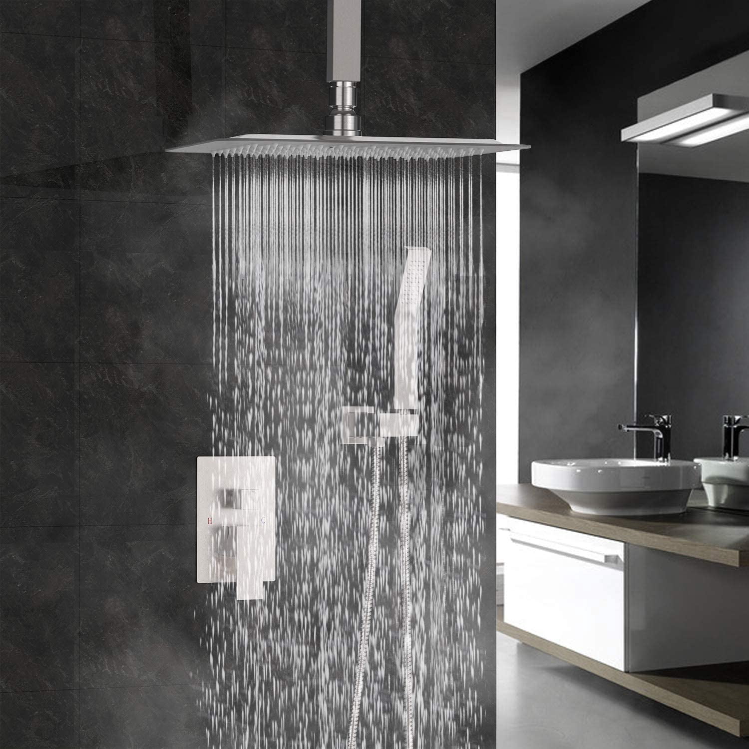 Zovajonia Shower System 16 Inches Shower Faucet Set, Rain Shower Head with Handheld Spray Bathroom Ceiling Mount Shower Fixtures Brushed Nickel