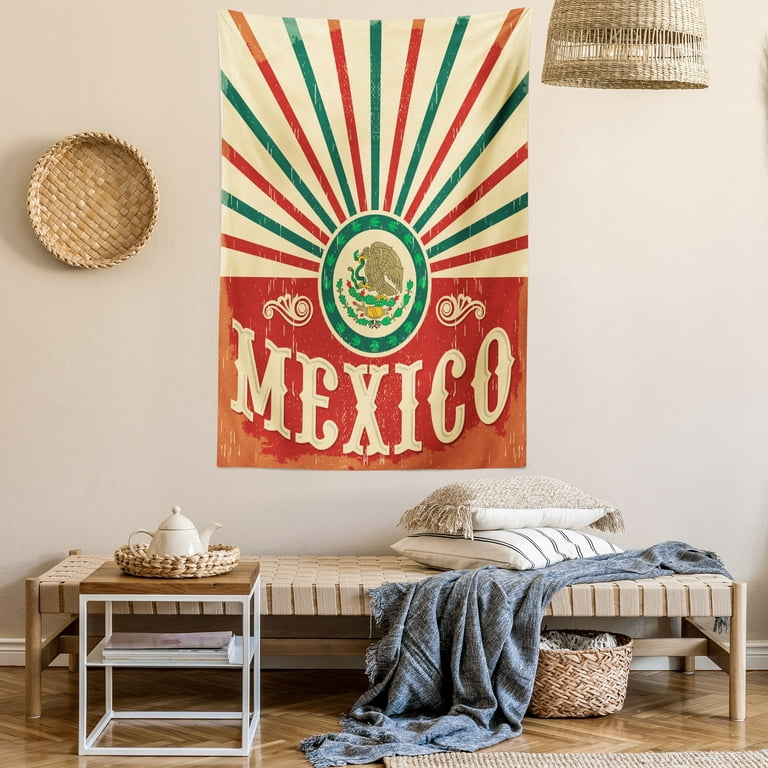 Mexican Tapestry, Retro Pop Art Style Mexico Calligraphy with 