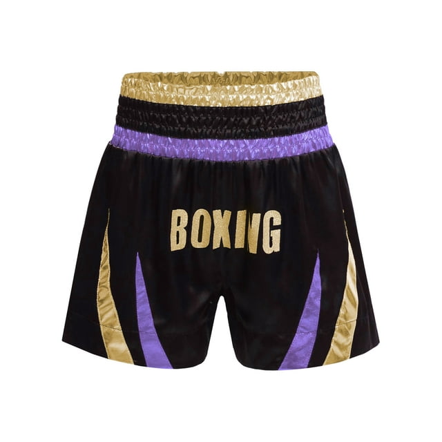 TiaoBug Kids Boys Boxing Trunks Metallic Side Split Satin Shorts MMA Kickboxing Fighting Training Bottom Light Purple&Gold 14