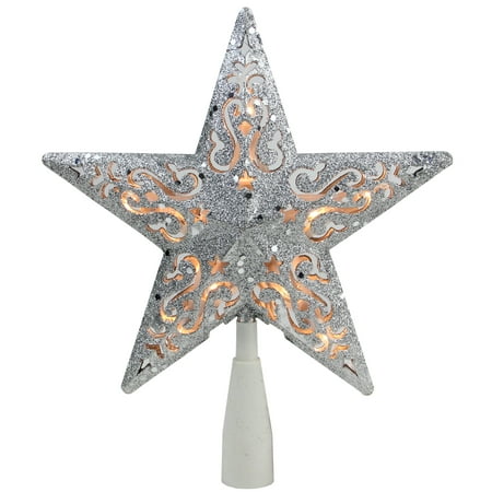 8.5 Silver Glitter Star Cut-Out Design Christmas Tree Topper - Clear