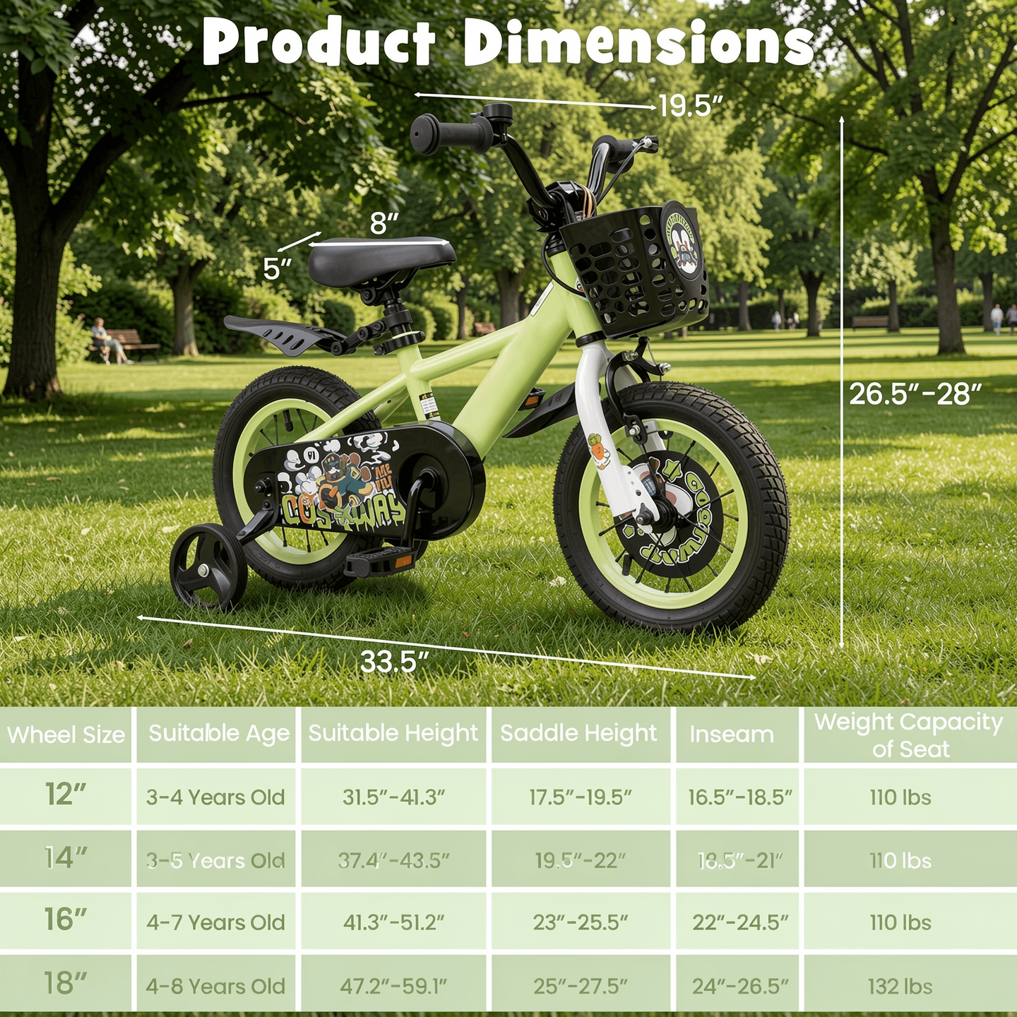 Redsmile Kids Bike 12 Inch with Detachable Training Wheels for 3-4 Years Old Boys Girls, Adjustable Kids Bicycle with Storage Basket, Handbrake and Coaster Brake, 12" Toddler Bike, Green