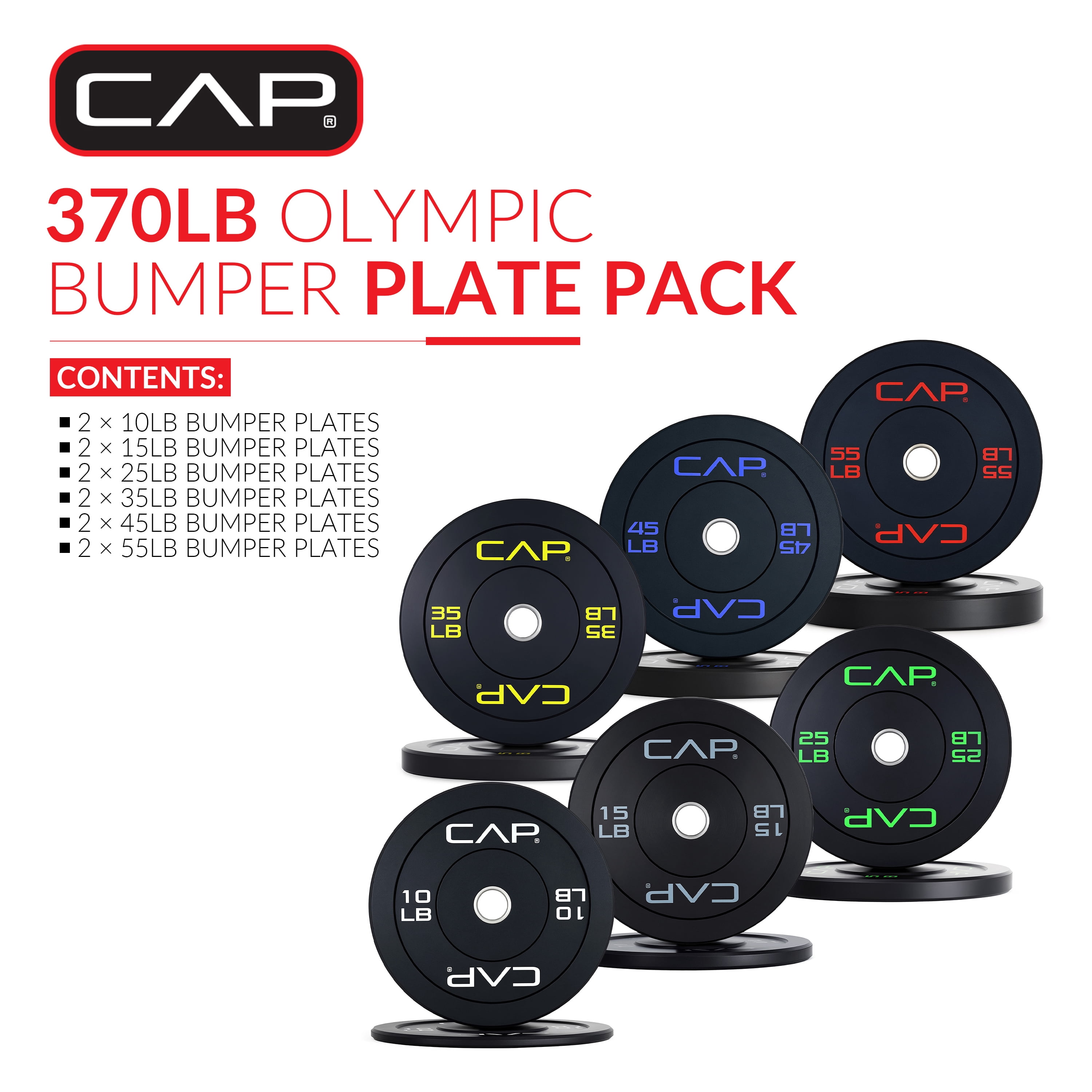 CAP 370lb Olympic Bumper Plate Bundle (2 x 10, 2 x 15, 2 x 25, 2 x 35, 2 x 45 and 2 x 55lb Plates)