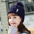 thumbnail image 2 of Spencer Winter 2Pcs Pom Pom Cable Beanie Hat Scarf Set Soft Warm Knit Ski Cap Thick Neck Scarf for Women "Blue", 2 of 4