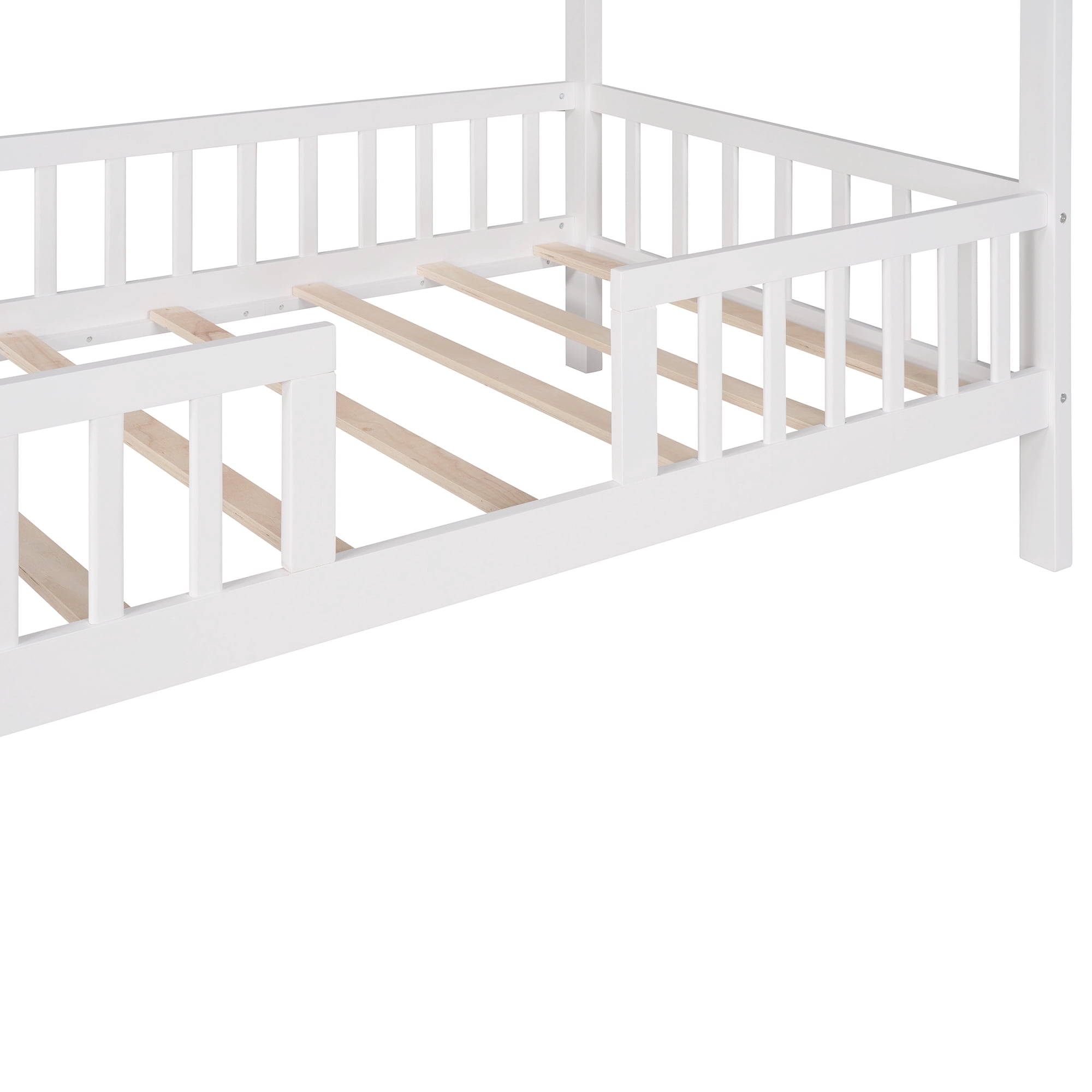 Euroco Twin Size Platform Bed, House Bed with Fence for Kids, White