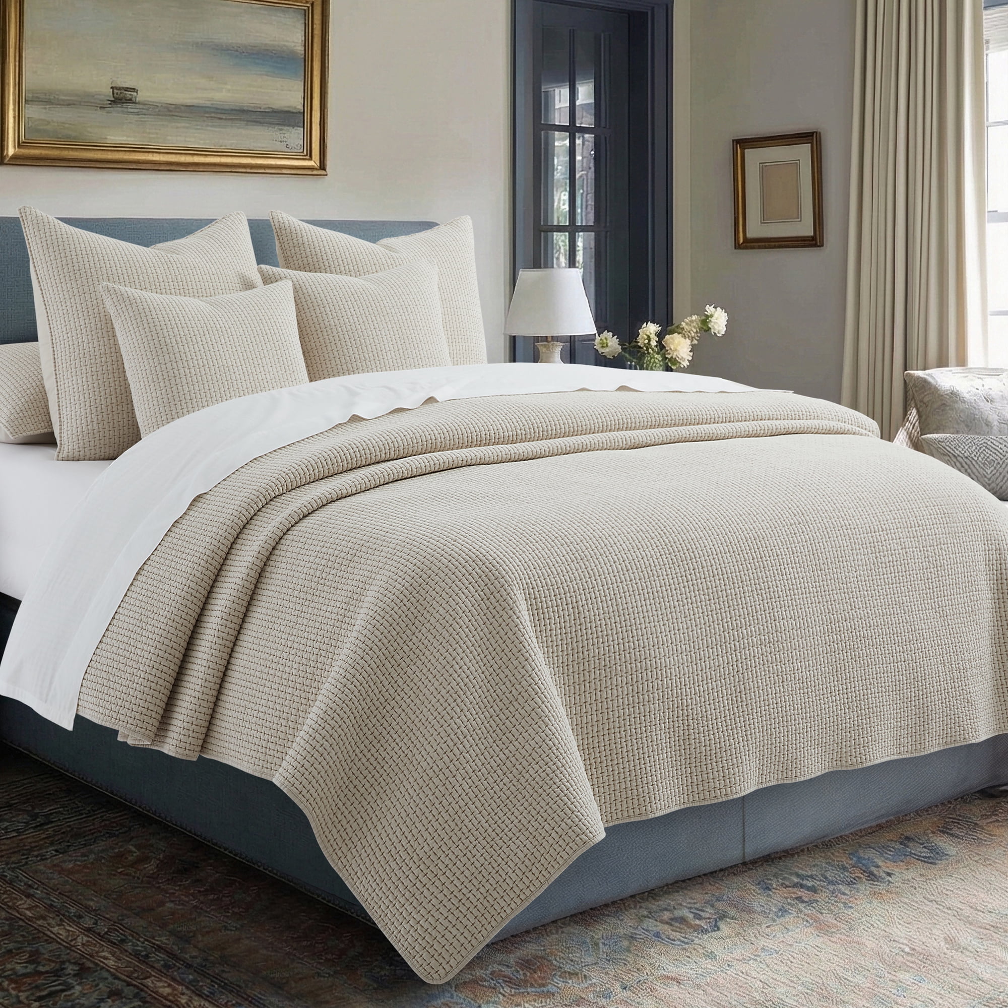 Levtex Home - Pick-Stitch Artisan Taupe Quilt Set - Full/Queen Quilt (88x92in) and 2 Standard Shams - Textured - Reversible - Cotton