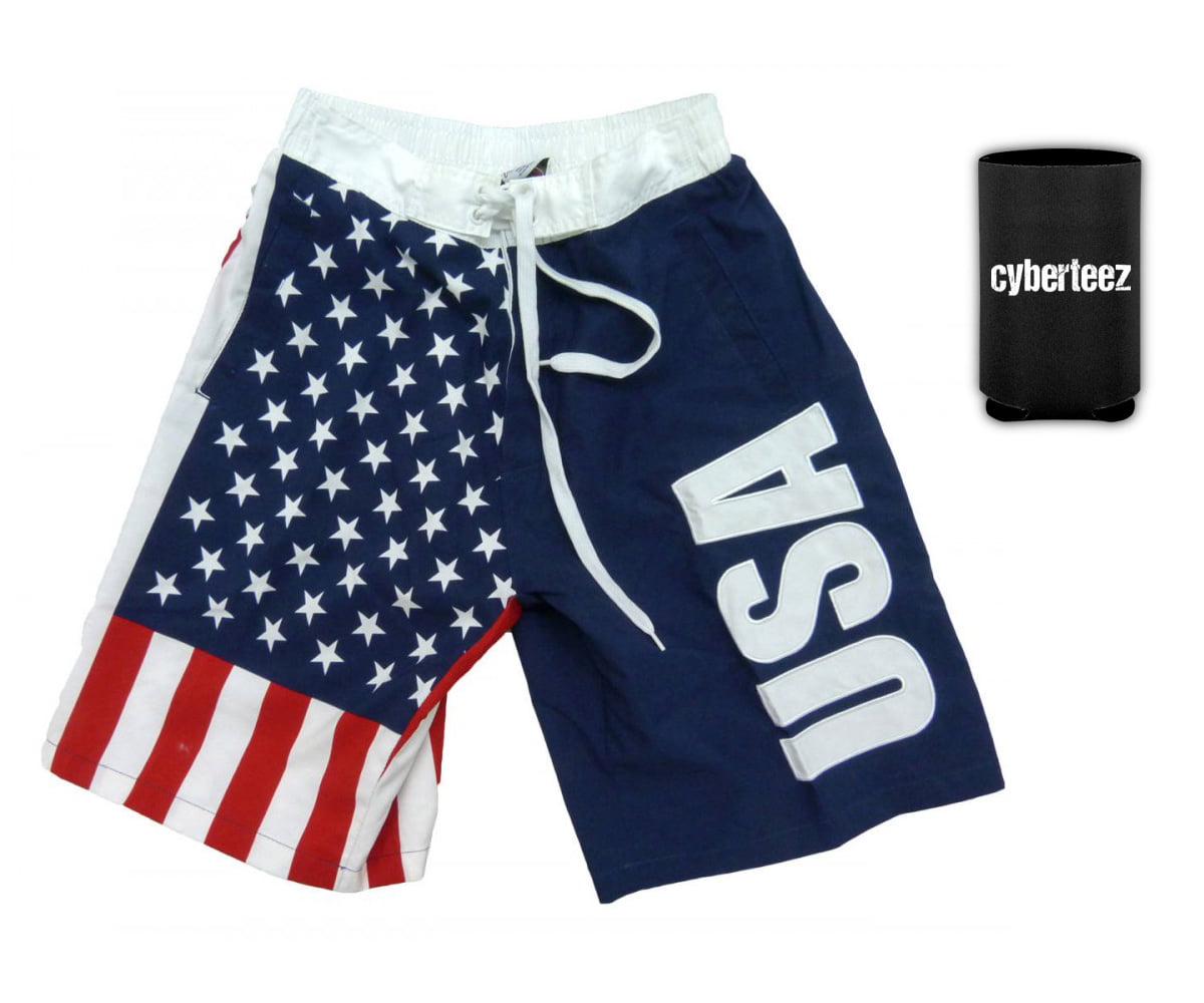 Men Bathing Suit Bar Coded USA Peru Flag Summer Vacation Beach Boardshort Pocket