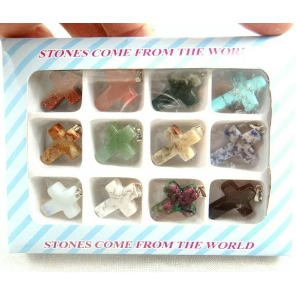 K-KED 12pcs Natural Stone Mixed Carved Cross Pendants for Necklaces Delicate Jewelry Making