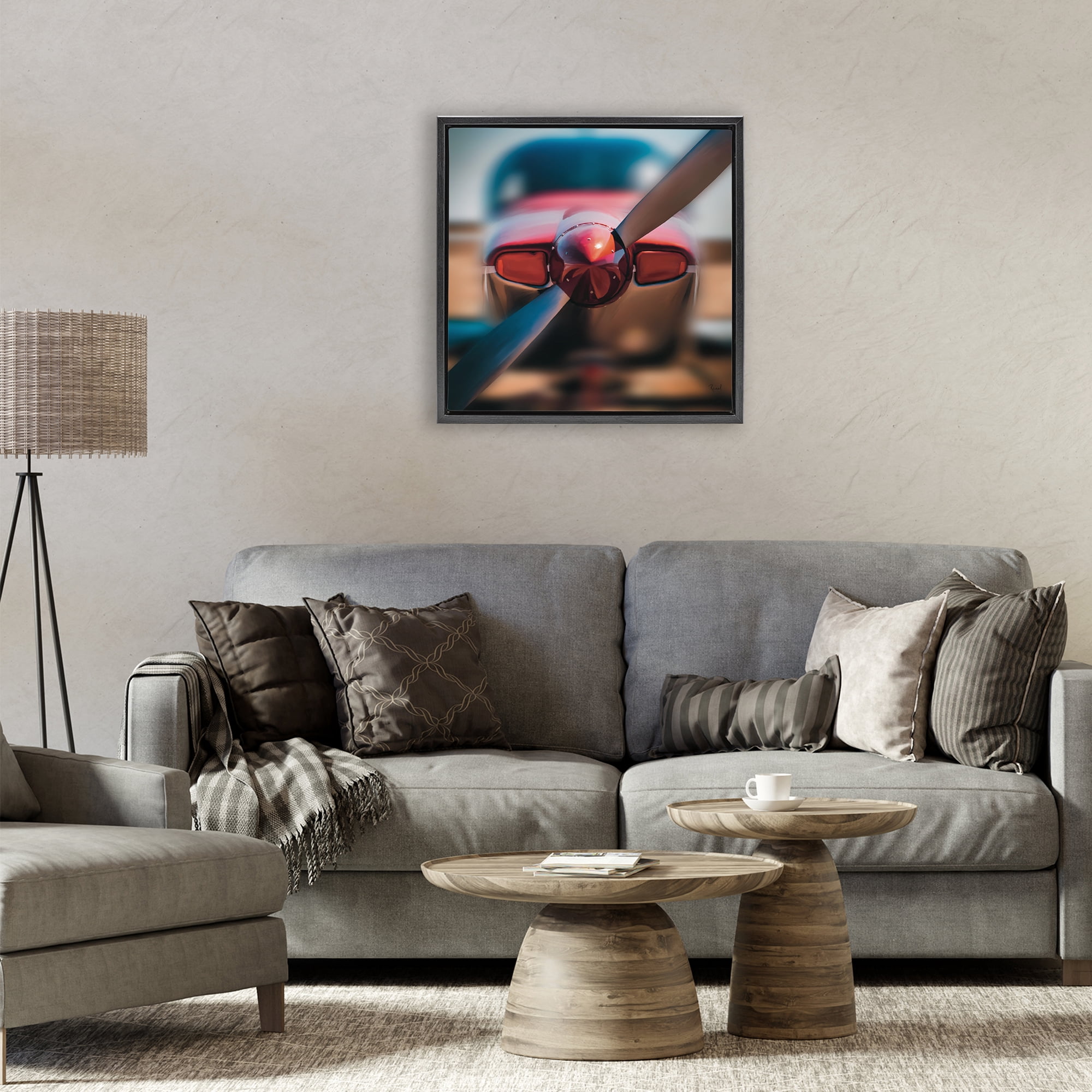 Stupell Industries Red Aircraft Propeller Black Framed Floater Canvas Wall Art, design by Renel Peters