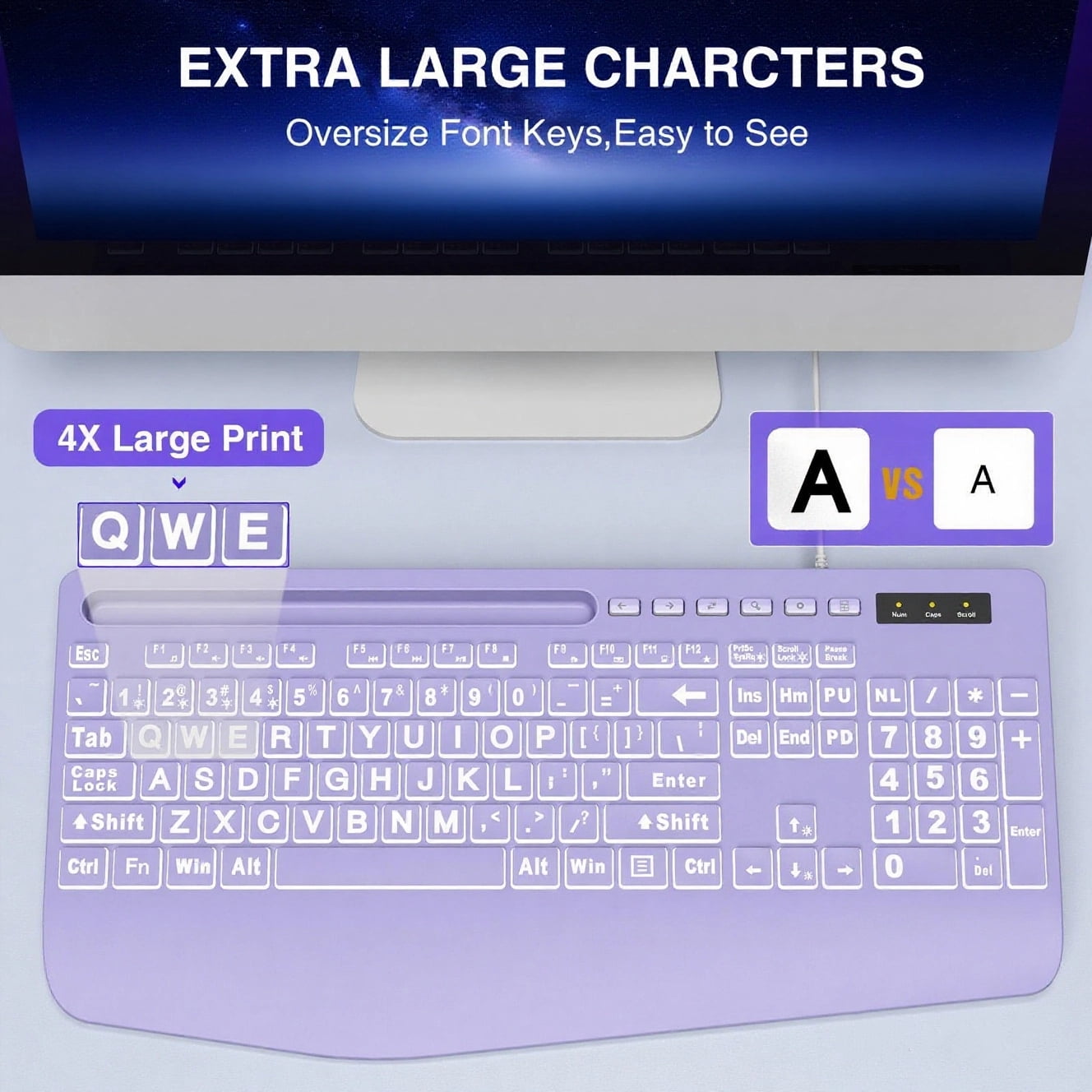 Wagpak Large Print Backlit Wired USB Keyboard (Purple) - with 7-Color Backlight, Wrist Rest, Phone Stand