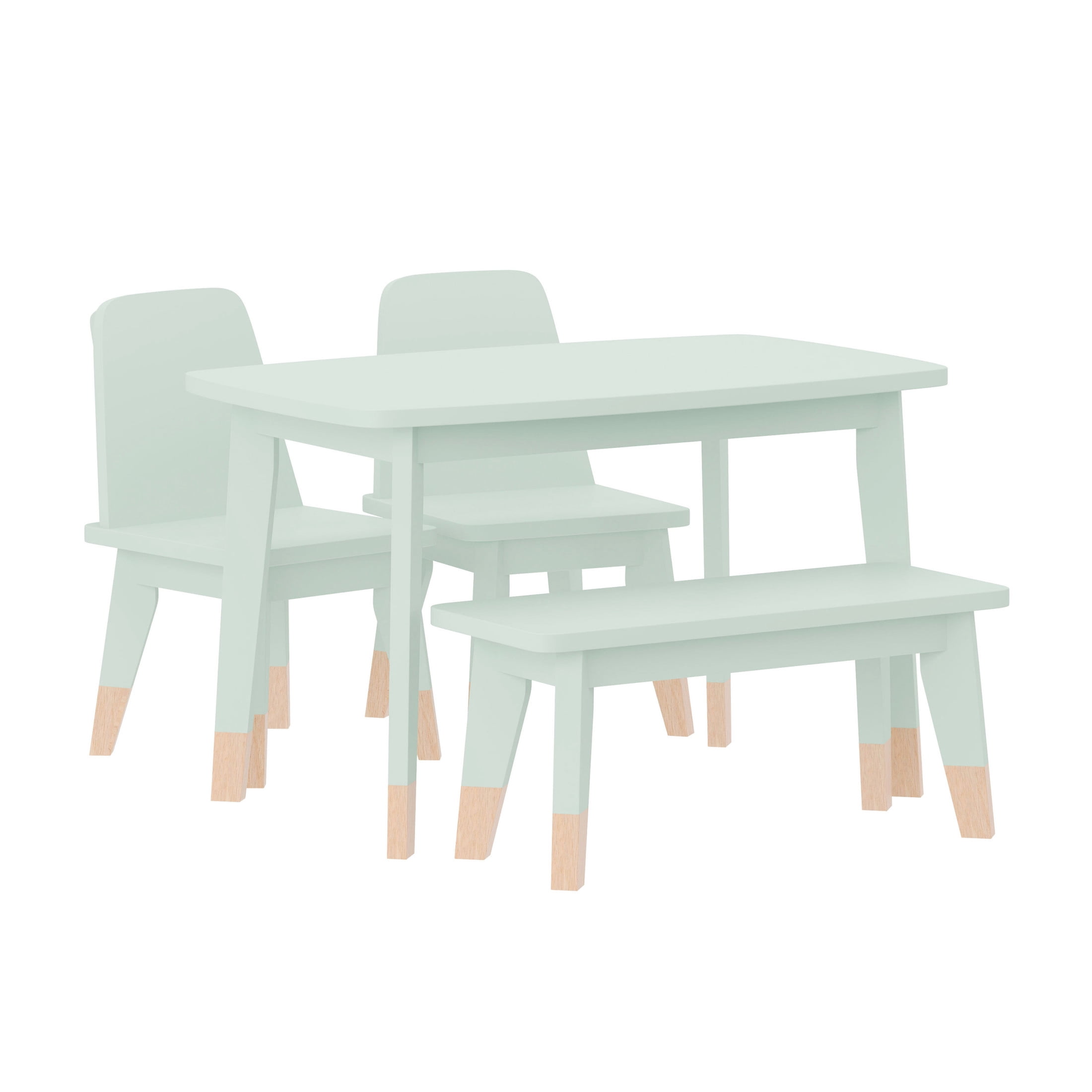 Buzz & Bloom Kids 4-Piece Wood Table, 2 Chairs, and Bench Seating Set with Rounded Corners, Sage/Natural