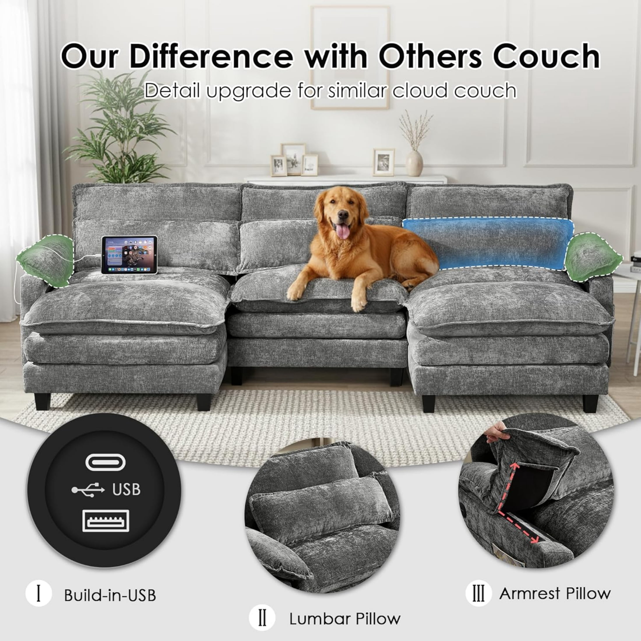 EPOWP Cloud Modular Sectional Sofa with Movable Ottoman, Comfy U Shaped Couch for Living Room, Chenille, 5-Seat, Stardust Gray