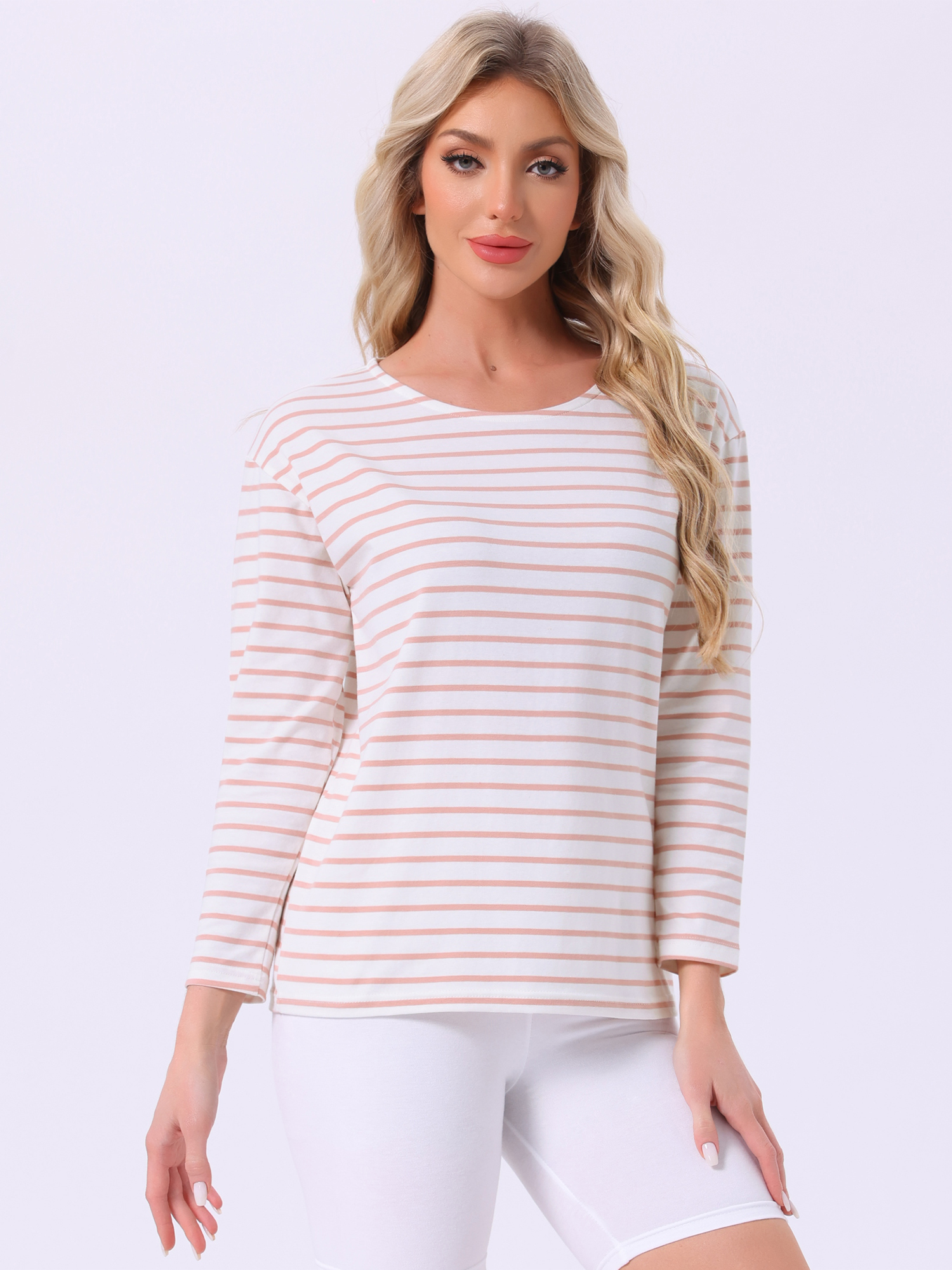 DARING DIVA Pajama Striped Cotton Long Sleeve Crew Neck Sleep Shirts XL Pink Striped