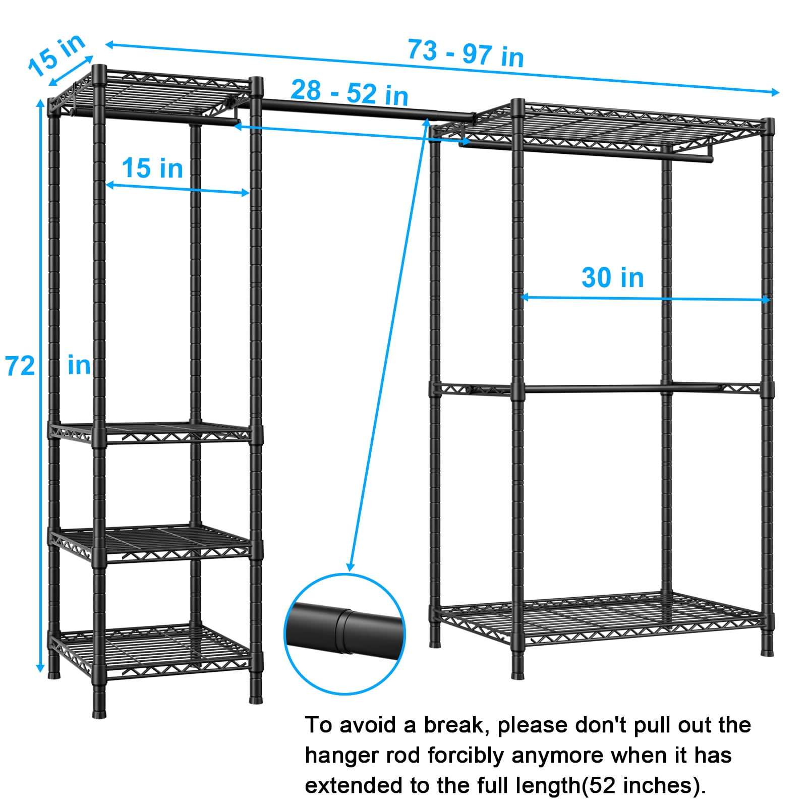 Ulif E10 Heavy Duty Closet Organizer for Bedroom & Laundry Room - Adjustable Clothes Rack with 800lbs Capacity, Freestanding Garment Rack (73-97"W, Black)