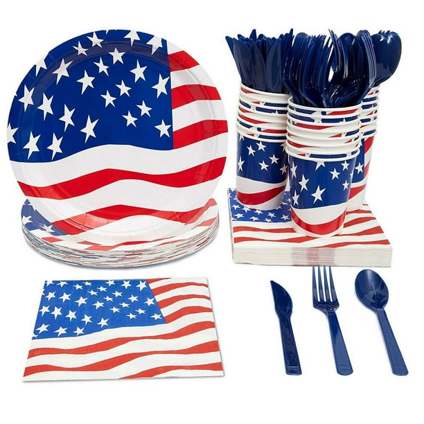 Serves 24 American Flag Party Supplies, 144PCS Plates Napkins Cups Knives Spoons Forks, Favors
