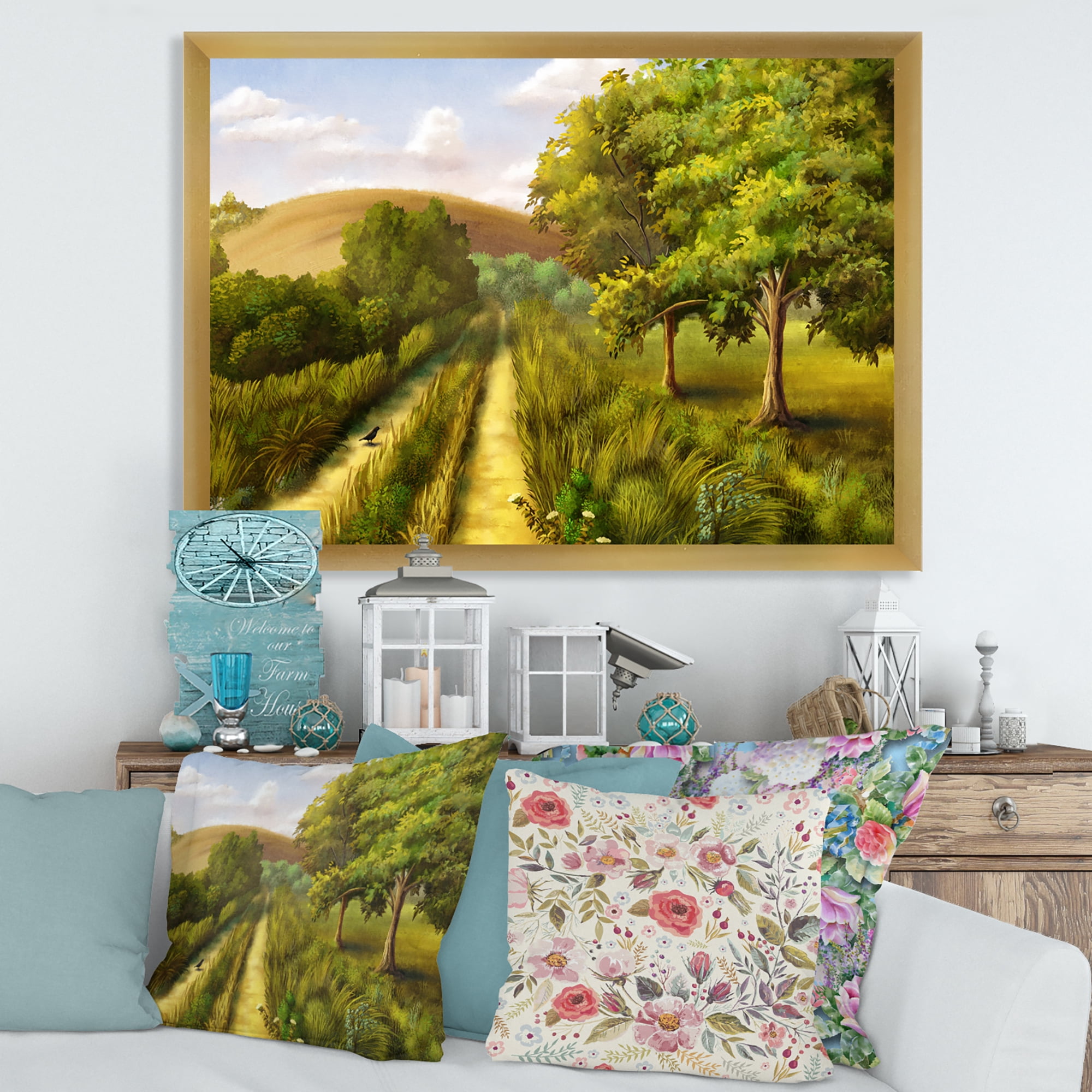 Vital Country Road During Summer 40 in x 30 in Framed Painting Canvas Art Print, by Designart