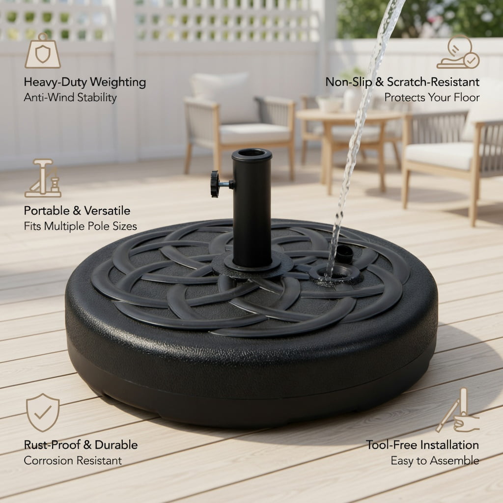 Resenkos Outdoor Umbrella Base, 22 Inch Fillable Heavy-Duty Round Patio Umbrella Base Stand, Black