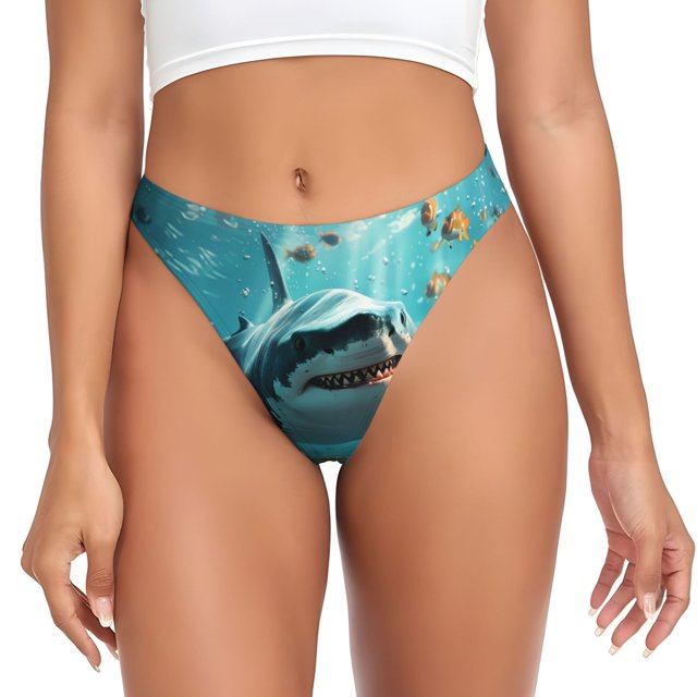 Balery Realistic Ocean Shark Tangas de Algodón para Mujer con Estampado – Ropa Interior Sexy, Transpirable, G-string-Small