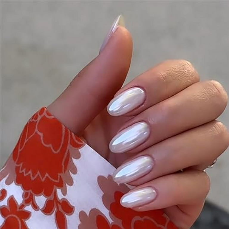 Translucent Pearl White Chrome Press on Nails Medium Almond, Ice