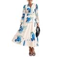 thumbnail image 1 of Vestido PRETTYGARDEN Floral Midi Azul Blanco con Escote en V y Manga Larga Talla S, 1 of 6