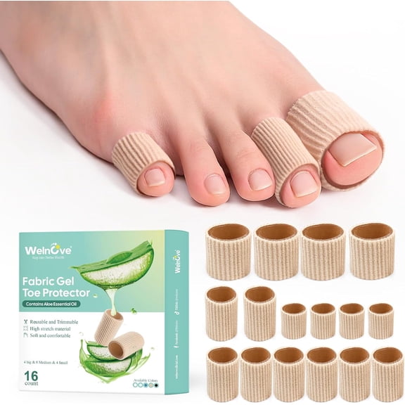 Welnove 16 Count Toe Cushion Sleeves Corn Pads for Women Men Toe Sleeve Protectors Blisters Calluses Pain Relief,Multi Size,Beige