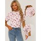 thumbnail image 2 of Blusas de mujer con volantes de manga corta floral con cuello simulado y volantes Blanco Crema S, 2 of 6