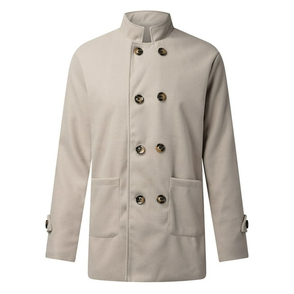 IYTR Mens Winter Jacket Long Sleeve Jacket Button Up Stand-Up Collar Fashion Double-breasted Windbreaker Coat with Pocket Solid Color Beige M