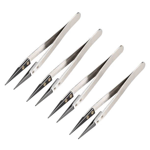 Pinzas de cerámica de precisión no conductivas antiestáticas, pinzas rectas puntiagudas, tono plateado y negro, 4 piezas