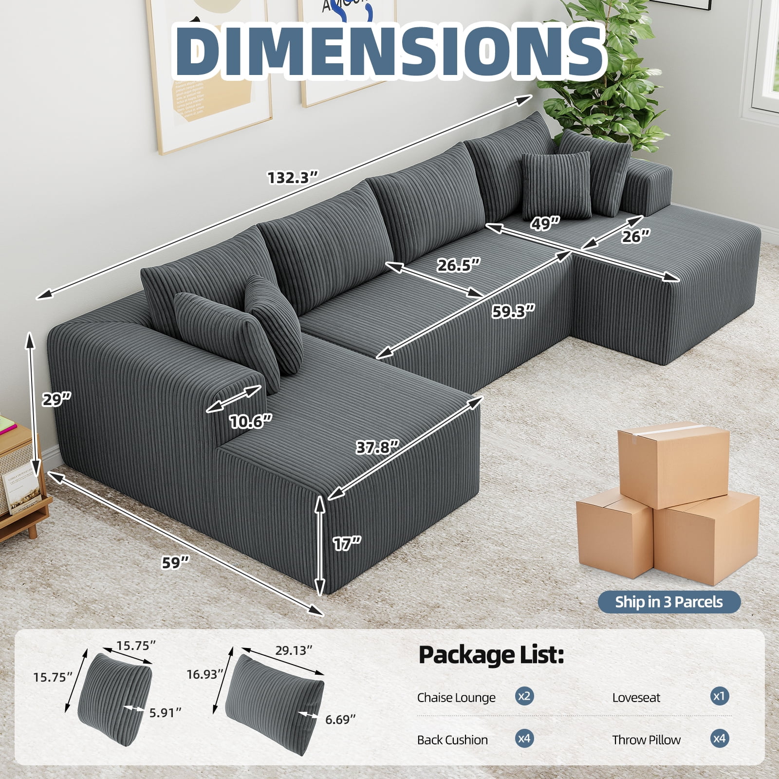 132''Modular Boneless Couches for Living Room, Corduroy Deep Seat Sofa with 2 Chaise Lounges and 1 Loveseat