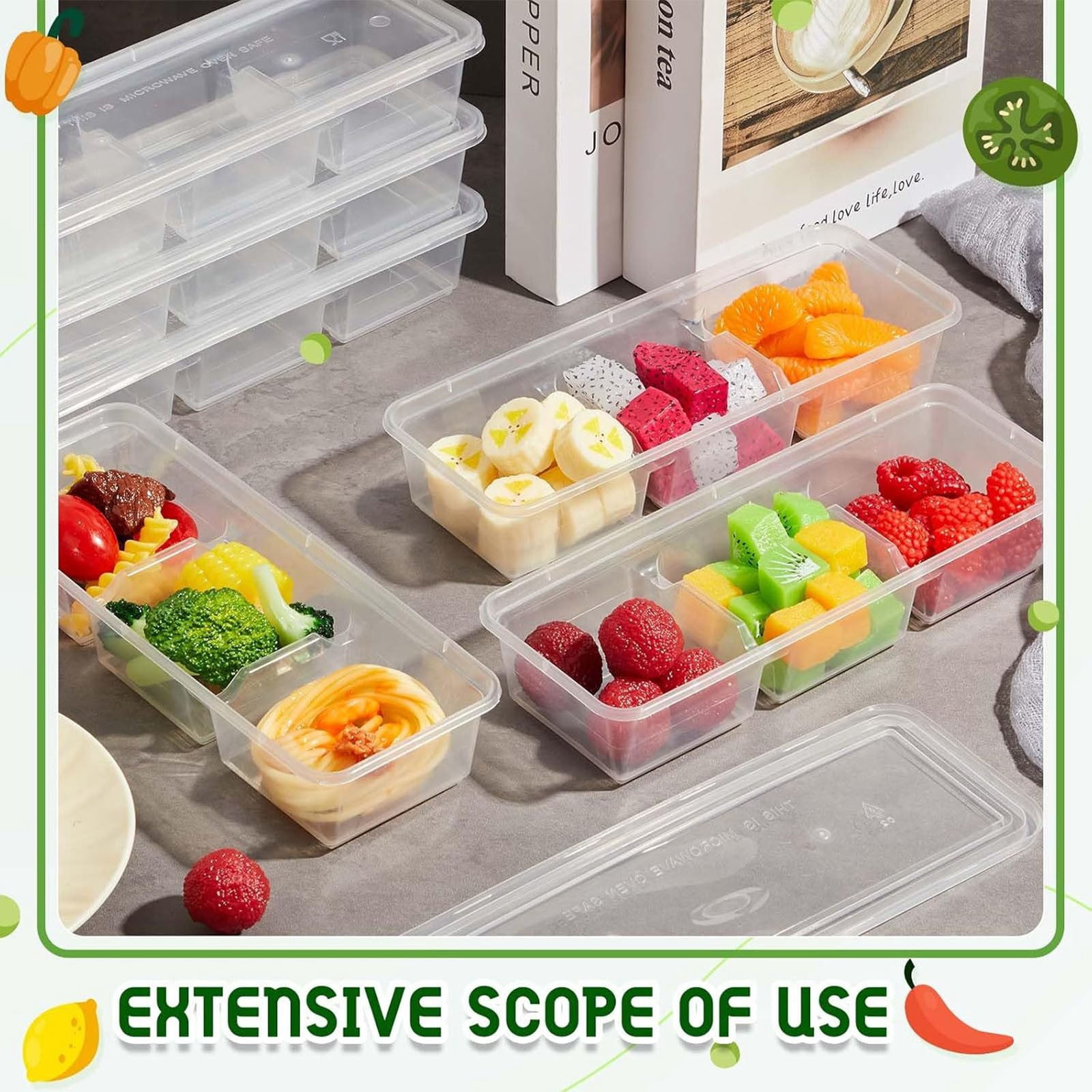25 Pack 17 oz Small Meal Prep Containers with 3 Compartments Snack Containers with Lid Disposable Plastic Bento Box Travel Lunch Food Boxes Stackable for Office Picnic,Clear,8.8x3.3"