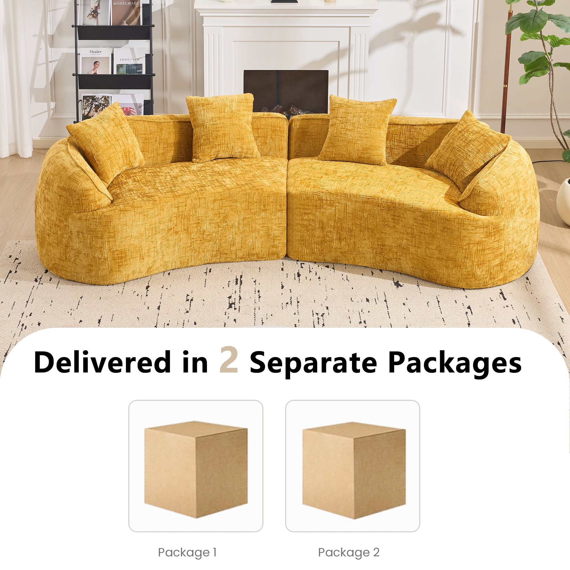 Curved Sofa, Yellow Compressed Chenille Sectional with Soft Fabric and Foam Spring Support, Modern 109-Inch Multi-Seater for Apartment Living Room
