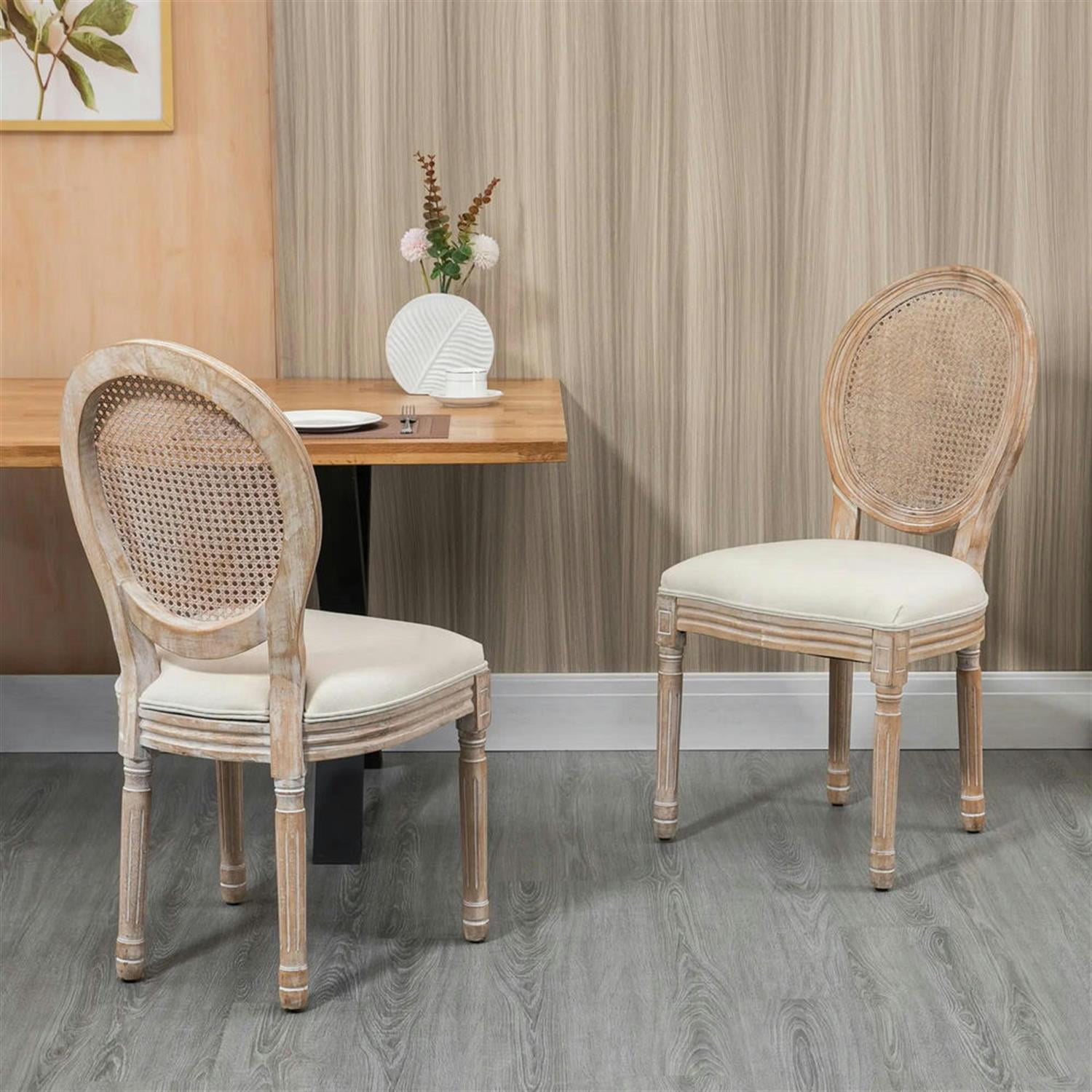 Demi Bonn Dining Chairs Set of 2, French-Style Upholstered Dining Room Chairs with Rattan Backrest and Linen-Touch Upholstery for Kitchen Restaurant, Living Room, White