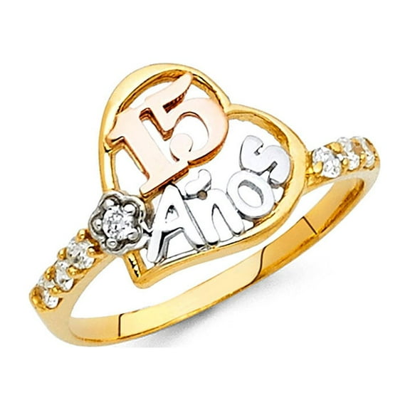 14k Yellow White Rose Gold Quinceanera 15 Anos Ring Heart Band Quince CZ Fancy Tri Color Size 7