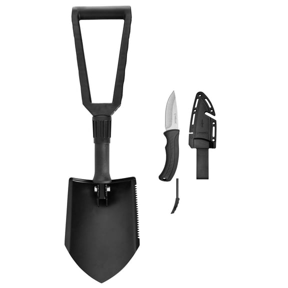 Camillus Quest Pack, 22" Folding Shovel, 8" Fixed 3.5" Blade Knife, Firestarter and Whistle, Gray
