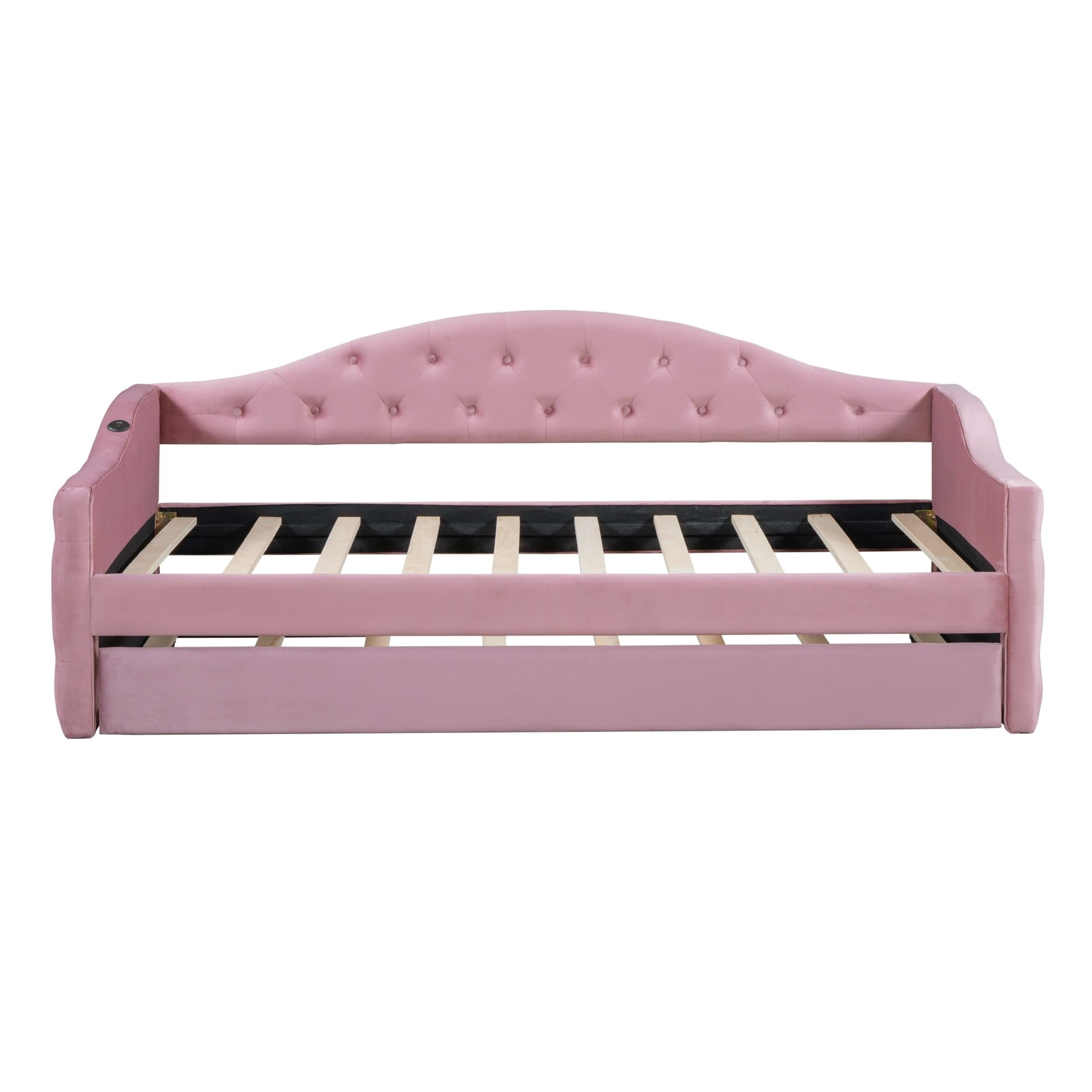 Noble House Twin Tufted Upholstered Daybed with Trundle, USB and Type-C Charging Ports, Pink