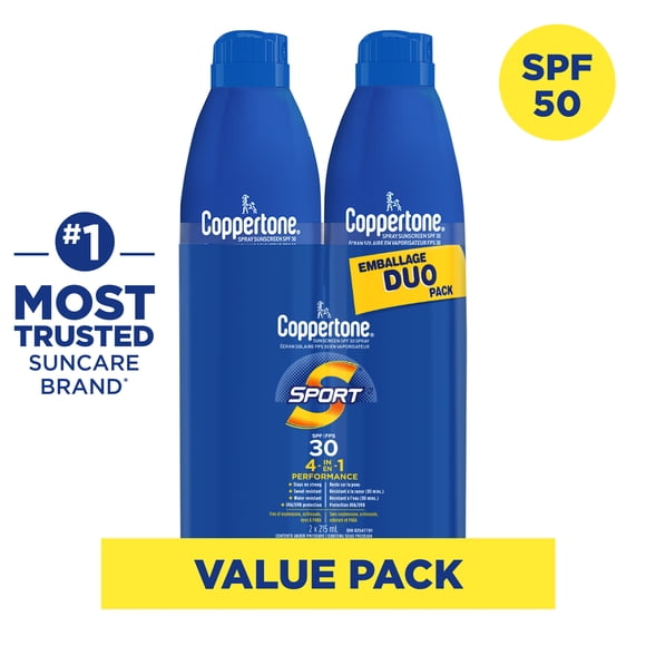 Coppertone Sport Duo de Vaporisateurs Solaires FPS 30, Résistant à la Sueur et à L’Eau, 2 x 215 mL
