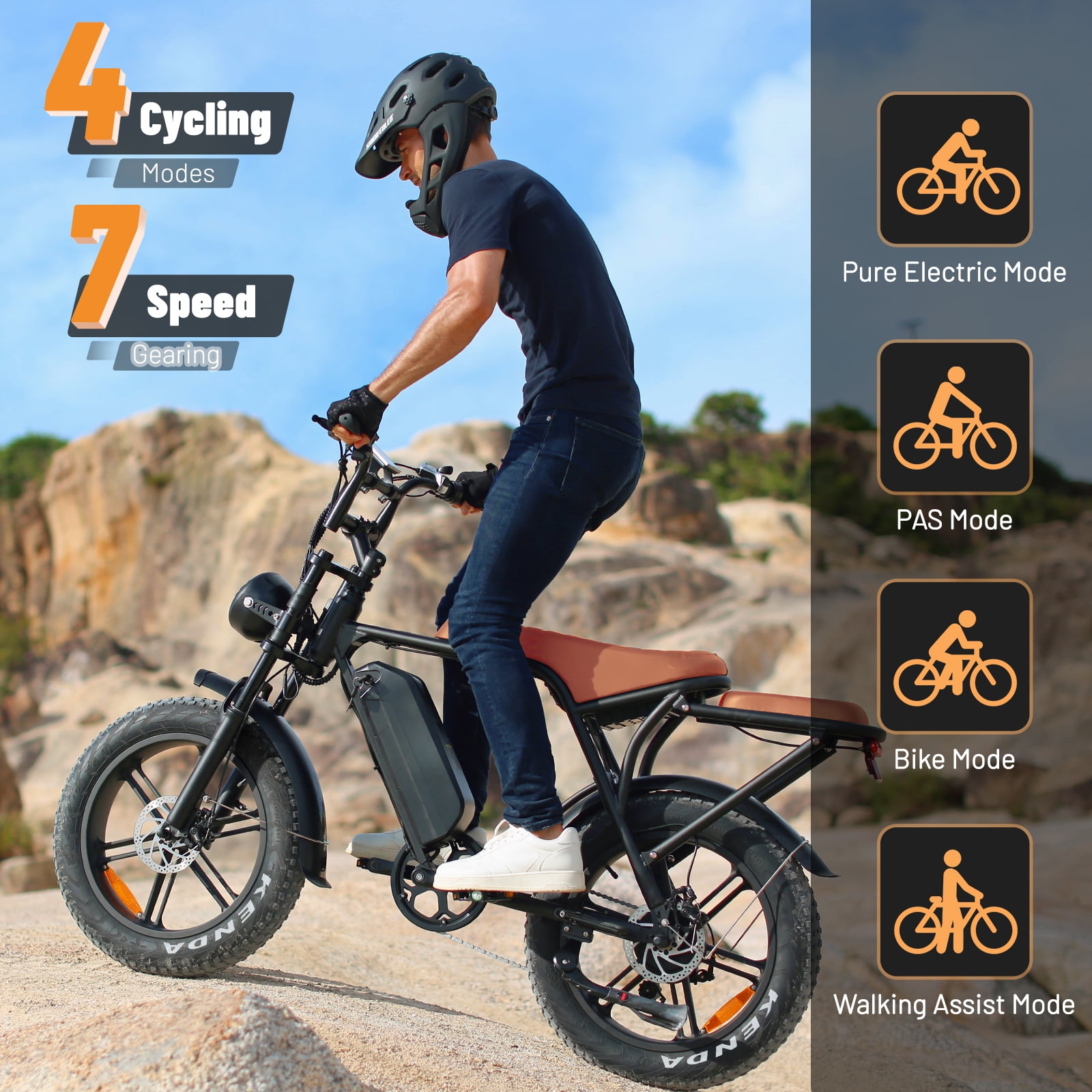 OUXI V8 Electric Bike for Adults, 1000W Peak Motor Mountain Bike with 48V 15.6Ah Battery, Max 31MPH, 20x4.0 Fat Tire Ebike, Dual Disc Brakes & Front Suspension, Shimano 7-Speed E-bike UL2849