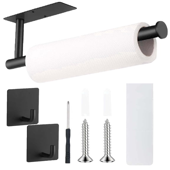YUJING SUPERLIFE Paper Towel Holder Wall Mount Under Cabinet, Adhesive or Drilling Installation Kitchen Roll Dispenser with 2 Hooks, Space Saving Organizer for Kitchen Bathroom RV