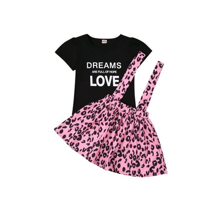 

Xingqing Kids Suit Set Girls Round Neck Short Sleeve T-Shirt+ Suspender Skirt