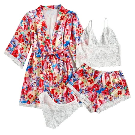 

Matching Pajamas for Couples Matching Family Christmas Pajamas Women Oversized Elegant Lingerie Silk Robe Satin Bathrobe Four-piece Set Sleepwear Pajamas Christmas Pajamas for Couples Red S