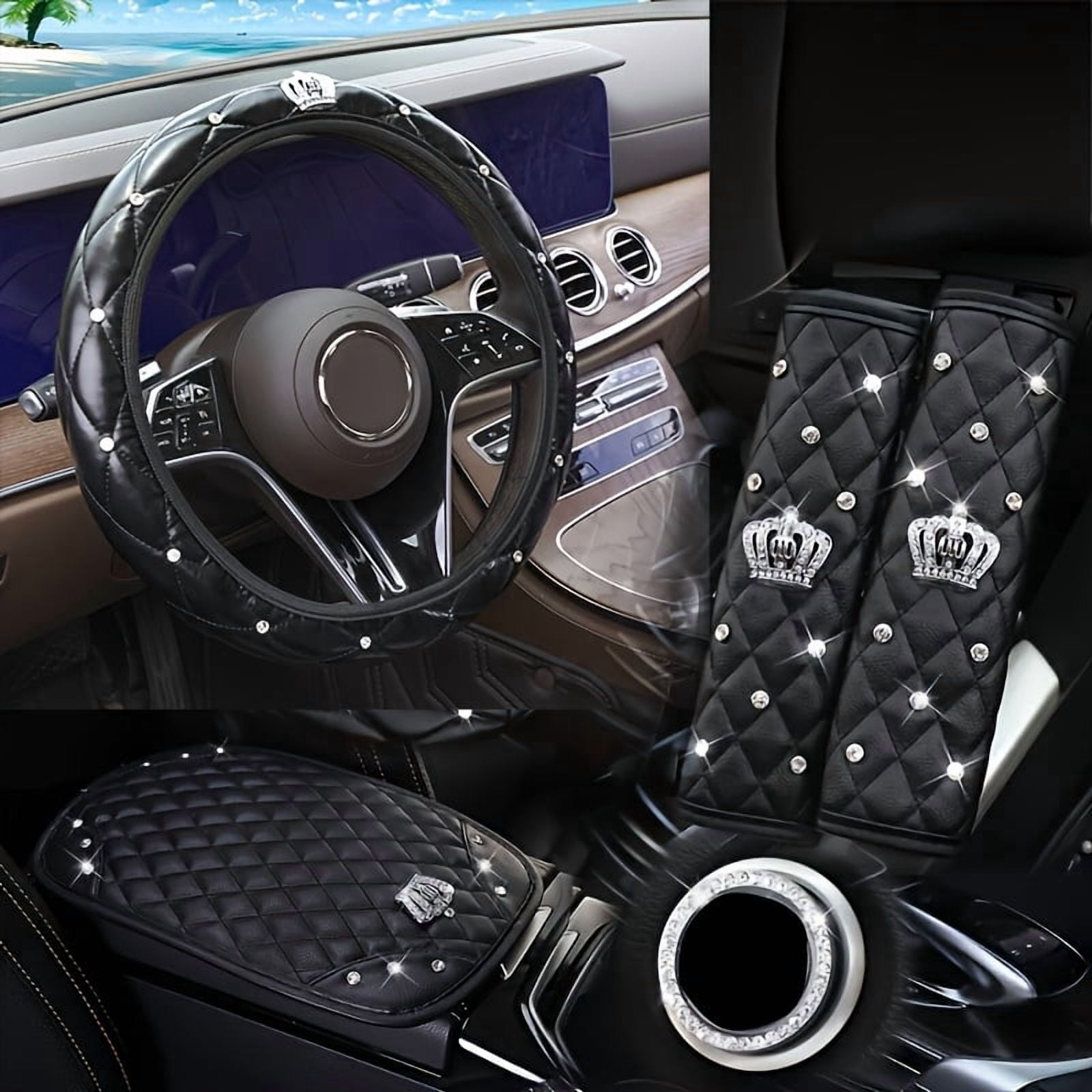 5PCS Bling Car Interior Accessories Set for Women – Sparkling Crown Seat Belt Shoulder Pads, Center Console Armrest Cover, Gear Shift Knob Cover, Handbrake Cover – Universal Fit for Most Vehicles