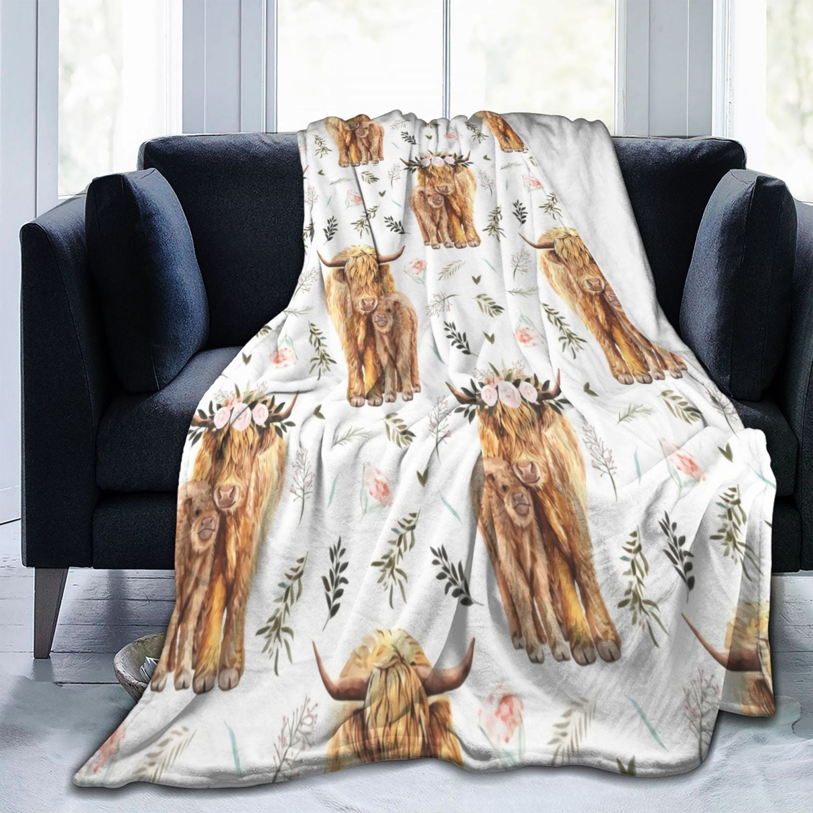Highland Cow Print Blanket Cute Rustic Farm Animal Cow and Flowers Throw Blankets Soft Flannel Bedding Blanket 60"x80"