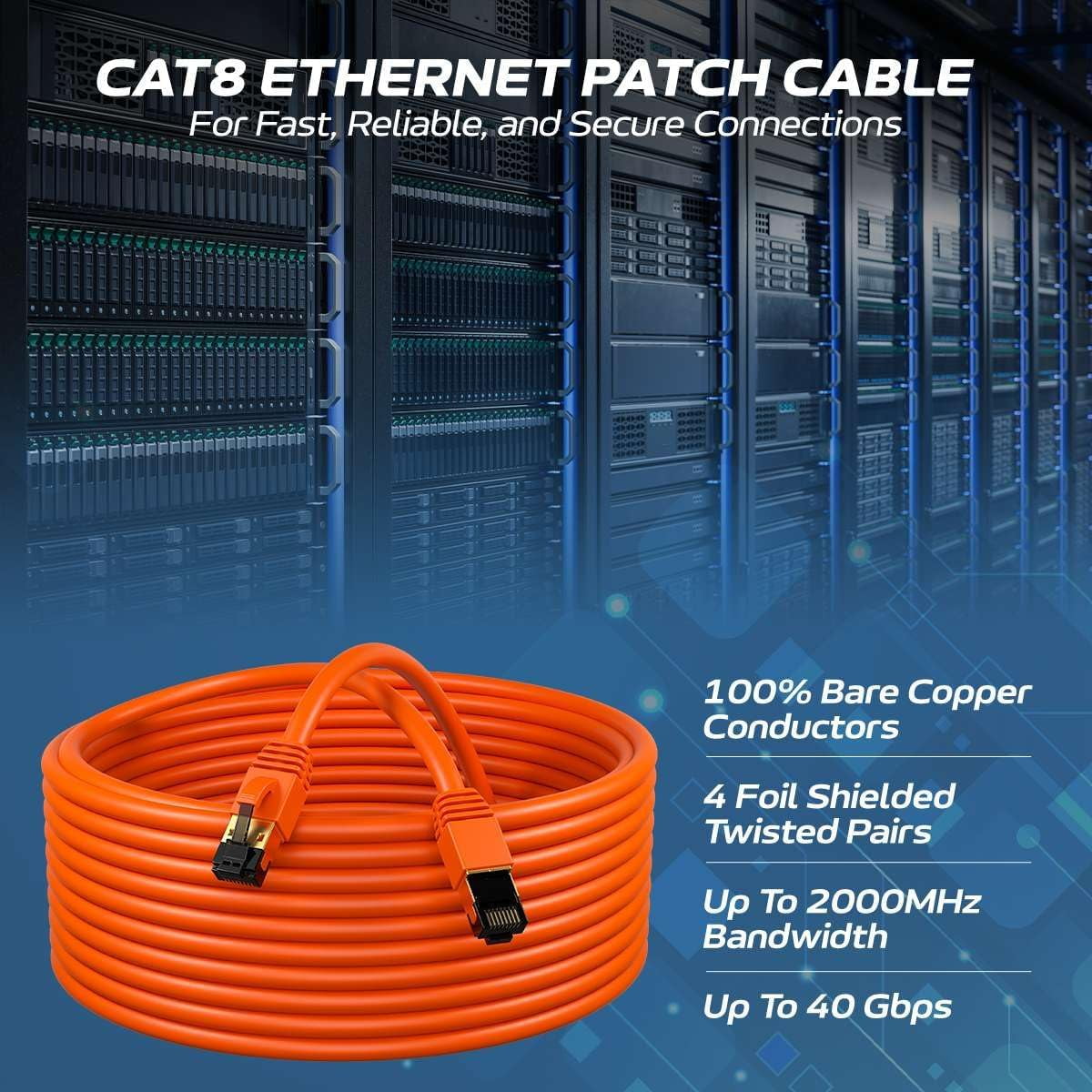 Cat8 5-Pack of 2FT Network Ethernet Patch Cable, 2000Mhz Internet Wire, For Router, Modem, PC, Laptop, TVs, Printer Cord, Consoles for Home and Office, Orange, Cables Direct Online
