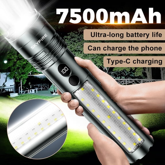 SKYFIRE Dual-Light Source Flashlight with Side Light, 7500mAh Power Bank Function, Type-C Charging, Zoomable, Digital Display, 6-Level Dimming, Outdoor Emergency Warning Light