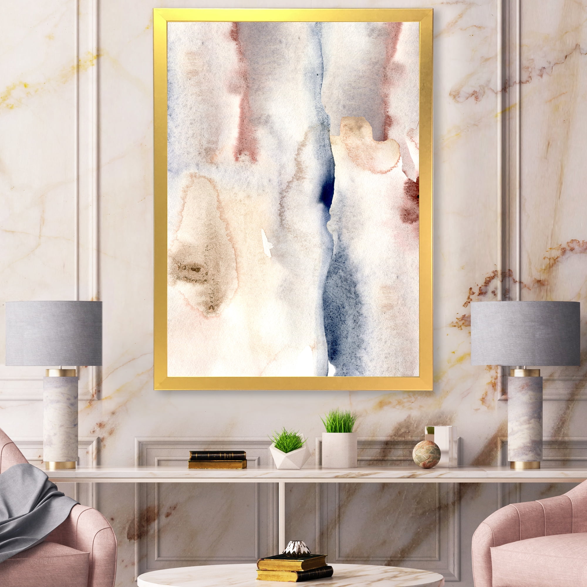 Designart 'Pastel Abstract With Pink Dark Blue and Gray Spots' Modern Framed Art Print